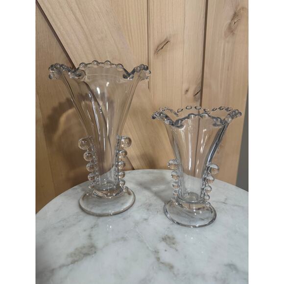 Vintage Imperial Glass Candlewick Set of Two Crimped Flower Vases (Stem 3400)